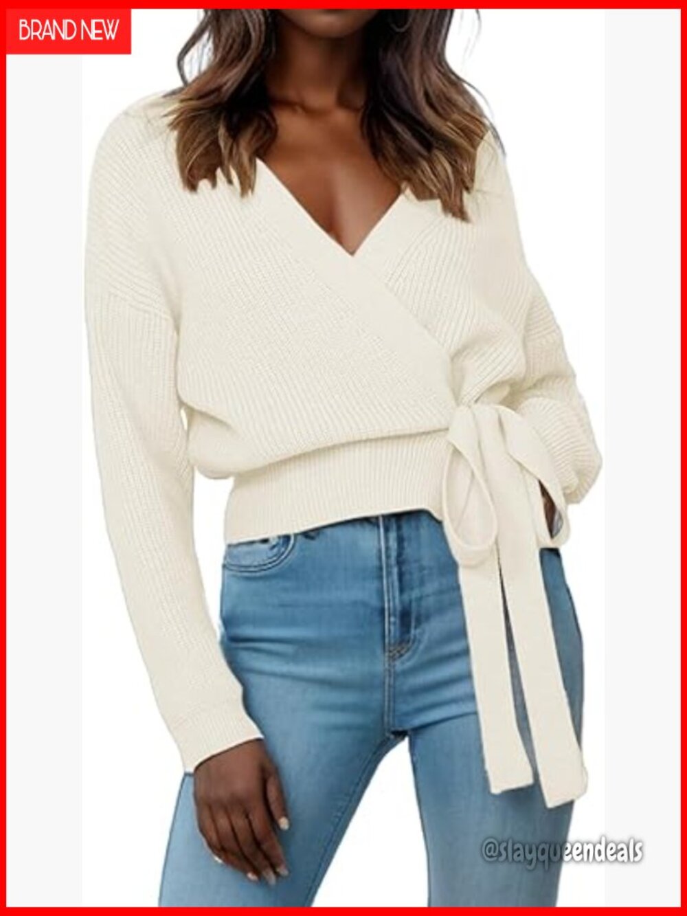 Casual V Neck Wrap Sweater Lightweight Ribbed Drop Shoulder Knitted Pullover